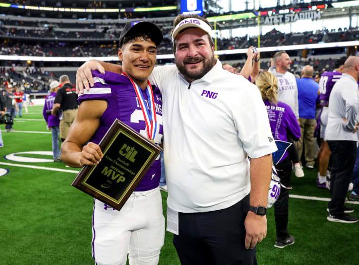Port Neches Groves kicker Gio Ocegura (left) was named offensive MVP of the 5A Division II state title game at AT&T Stadium in December.